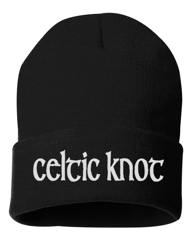 celtic knot black solid 12" cuffed beanie w/ white celtic knot name design on front