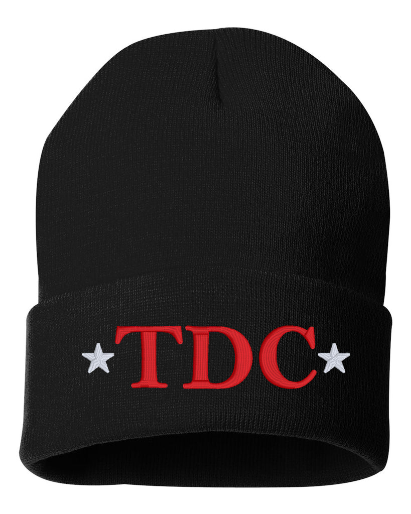 tdc sportsman - solid black 12" cuffed beanie - w/ logo embroidered on front.