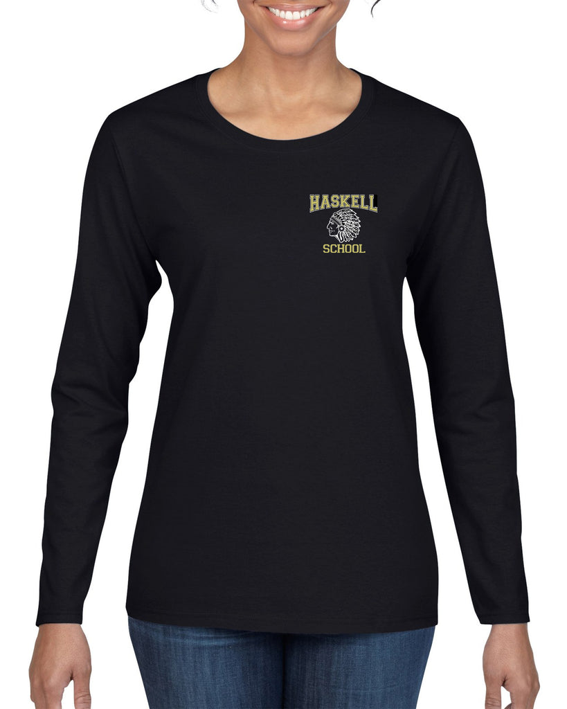 haskell school heavy cotton black long sleeve tee w/ small left chest haskell school "indian" logo on front.