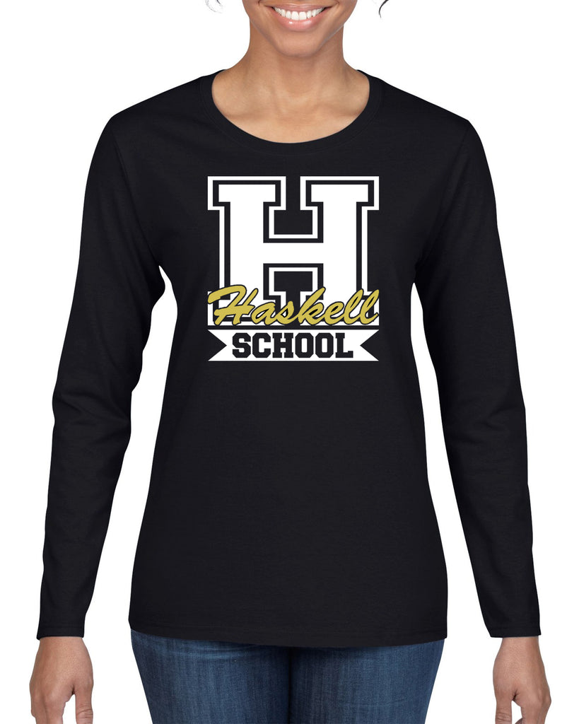 haskell school heavy cotton black long sleeve tee w/ haskell school "h" logo on front.