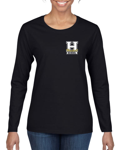 HASKELL School Heavy Cotton Black Long Sleeve Tee w/ Small Left Chest HASKELL School "Indian" Logo on Front.