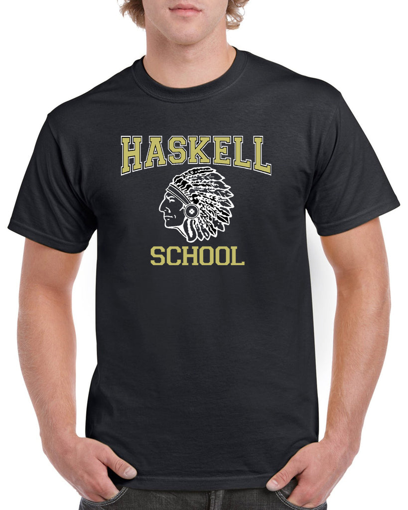 haskell school heavy cotton black short sleeve tee w/ haskell school indian logo on front.