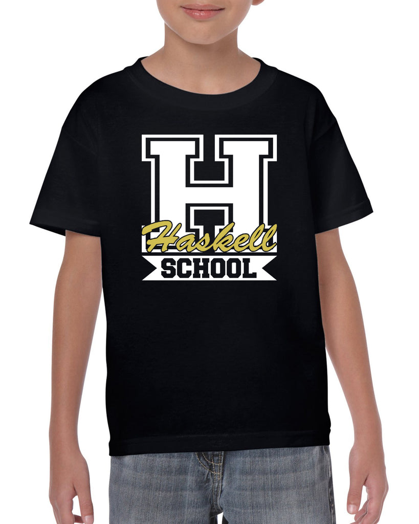 haskell school heavy cotton black short sleeve tee w/ haskell school "h" logo on front.