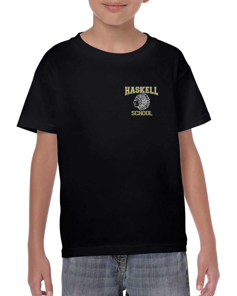 haskell school heavy cotton black short sleeve tee w/ small left chest haskell school "indian" logo on front.