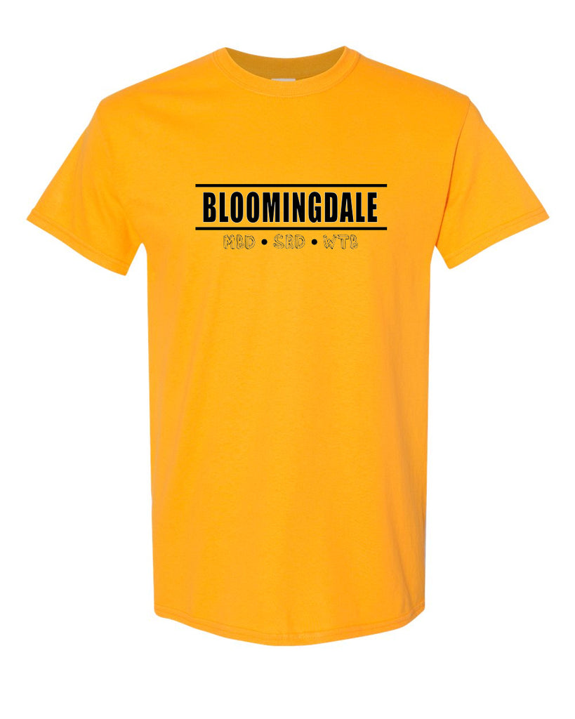 bloomingdale pta gold short sleeve tee w/ bloomingdale pride logo on front