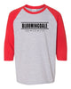 bloomingdale pta red raglan three-quarter sleeve t-shirt - 5700b w/ bloomingdale pride logo on front