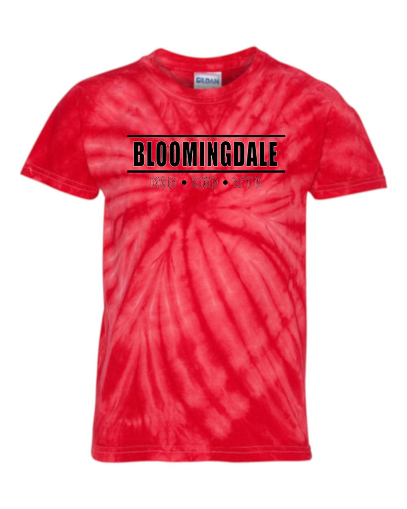 bloomingdale pta red dyenomite - cyclone pinwheel tie-dyed t-shirt w/ bloomingdale pride logo on front