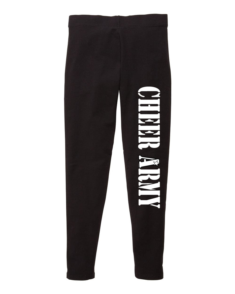 cheer army black leggings w/ cheer army design down front of left leg.