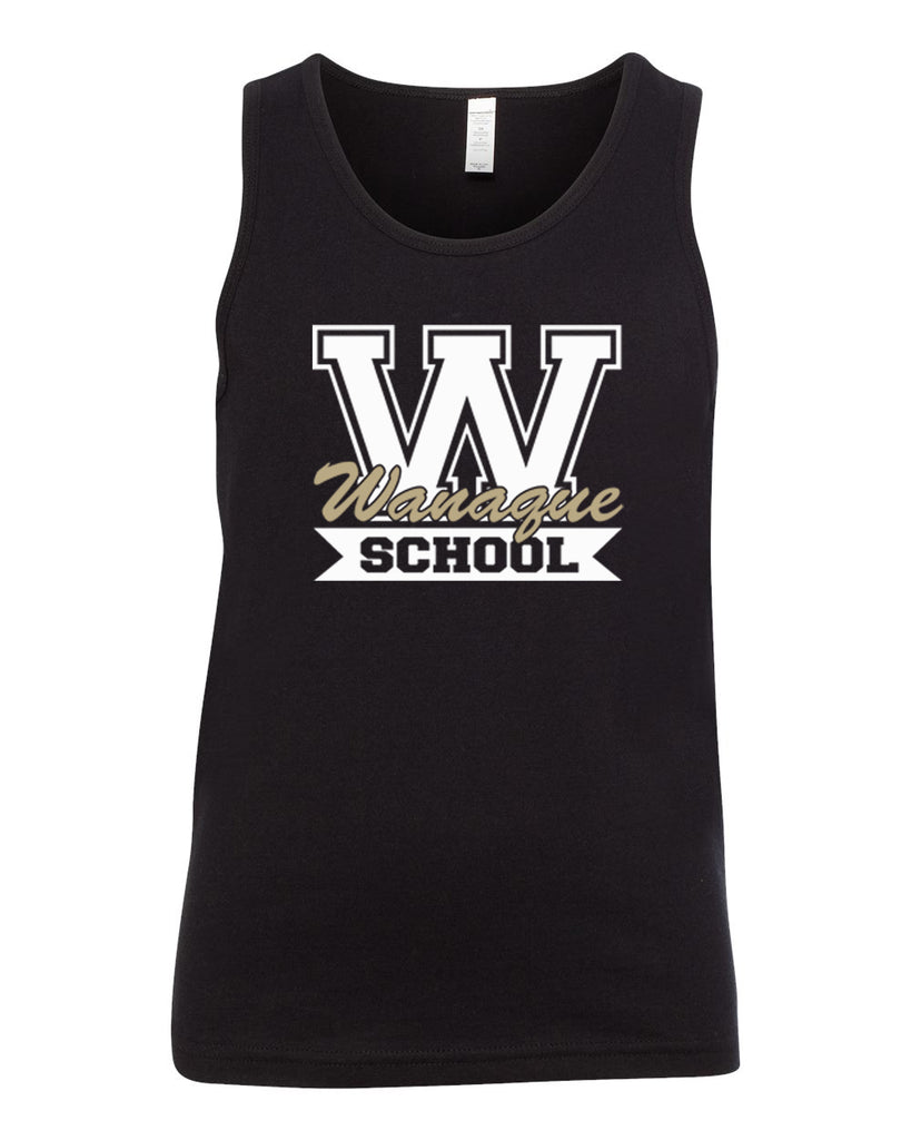 wanaque school jersey tank top w/ wanaque school "w" 2 color logo on front.