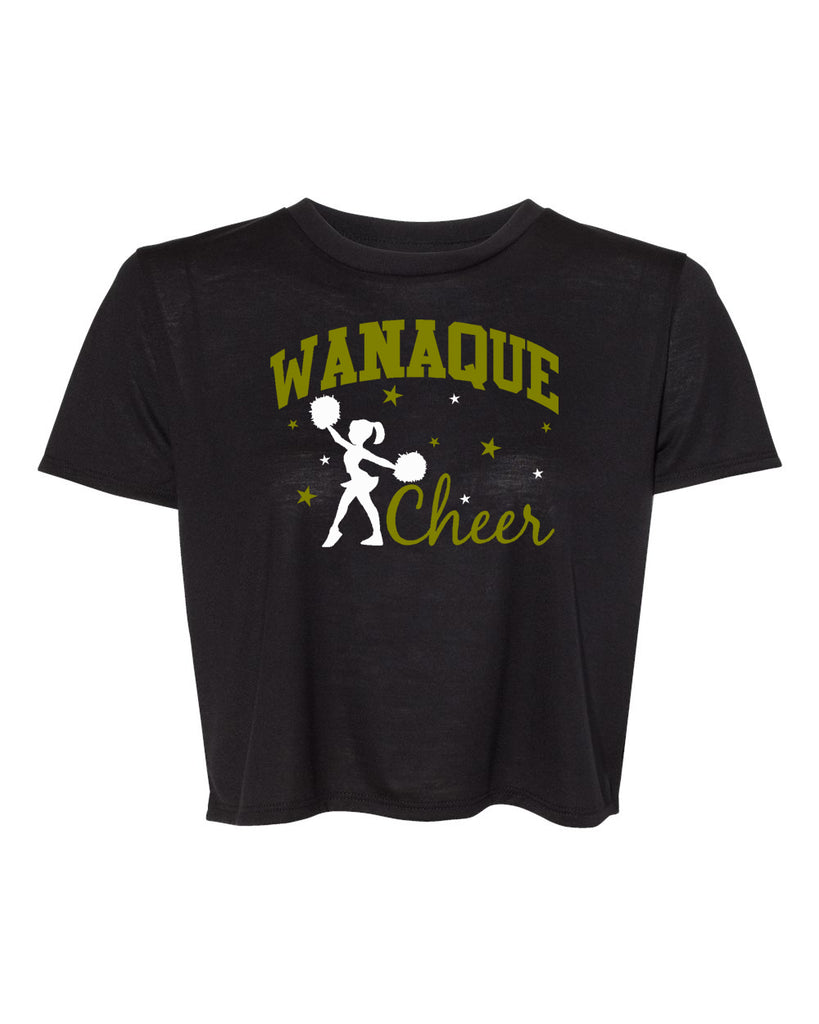 wanaque cheer - bc women's flowy cropped tee  with 2 color wanaque cheer design on front.