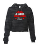 jr lancers cheer - itc women's lightweight cropped hooded sweatshirt w/ cheerleading 2 color design on front.