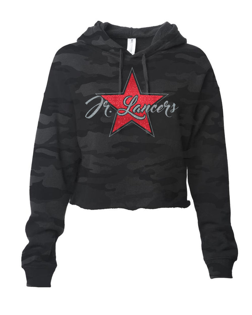 jr lancers cheer - itc women's lightweight cropped hooded sweatshirt w/ glitter star design on front.
