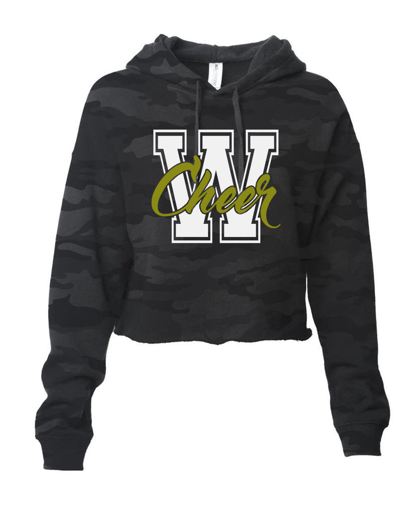 wanaque cheer - itc women's lightweight cropped hooded sweatshirt with 2 color w-cheer design on front.