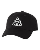 celtic knot black brushed twill cap w/ white triquetra design on front