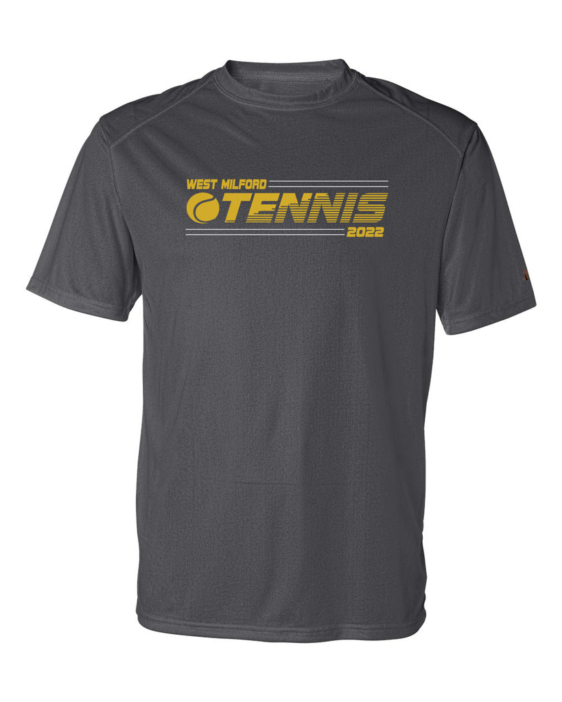 west milford tennis charcoal b-core short sleeve tee w/ wm tennis 2022 logo on front.