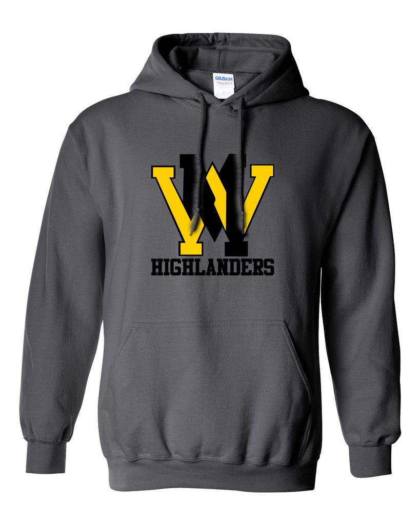 west milford fencing charcoal hoodie w/ large wm logo on front.