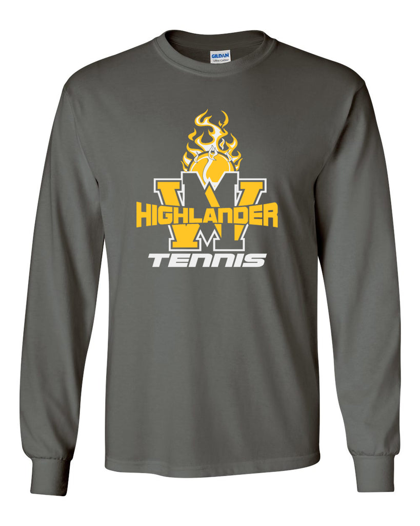 west milford tennis charcoal long sleeve tee w/ wm tennis on front.
