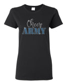 cheer army black short sleeve tee w/ spangle script stencil design on front.