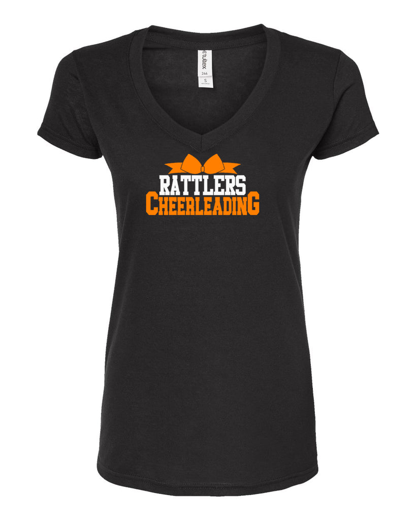 Ringwood Rattlers Black Tultex - Women's Poly-Rich V-Neck T-Shirt - 244 w/ 2 Color Rattlers Cheerleading Bow Design on Front