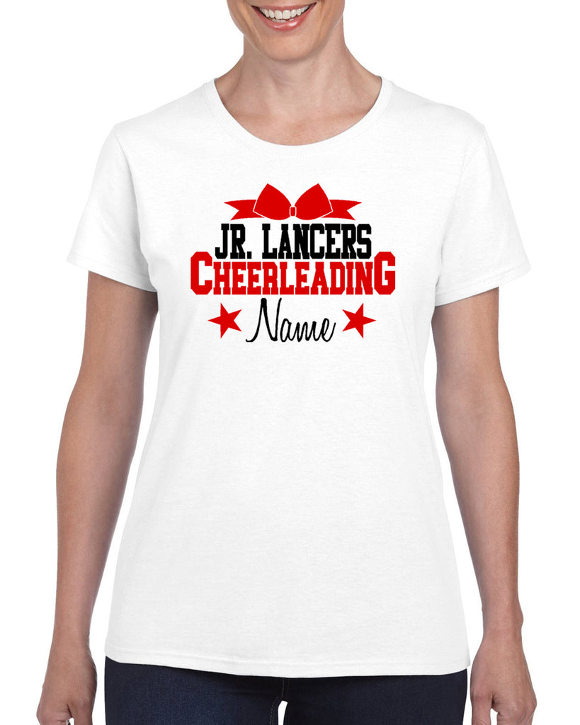 jr lancers competition cheer heavy cotton white shirt w/ cheerleading 2 color design on front.
