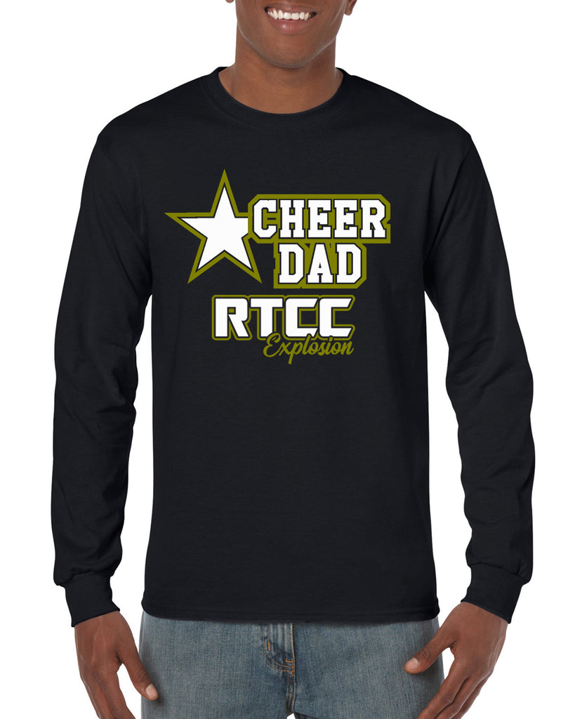 rtcc heavy cotton black shirt w/ cheer dad star 2 color design on front.