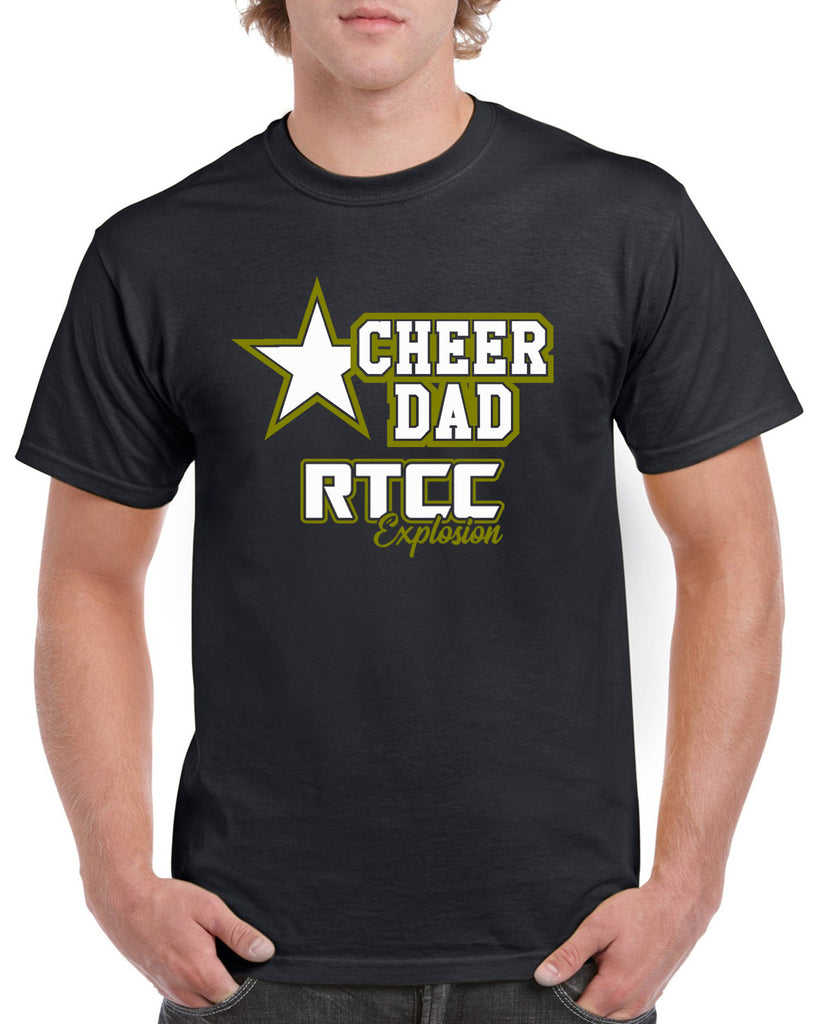 rtcc heavy cotton black shirt w/ cheer dad star 2 color design on front.