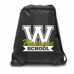 wanaque black zippered drawstring backpack w/ wanaque school "w" logo on front.