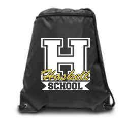 haskell school black zippered drawstring backpack w/ haskell school "h" logo on front.