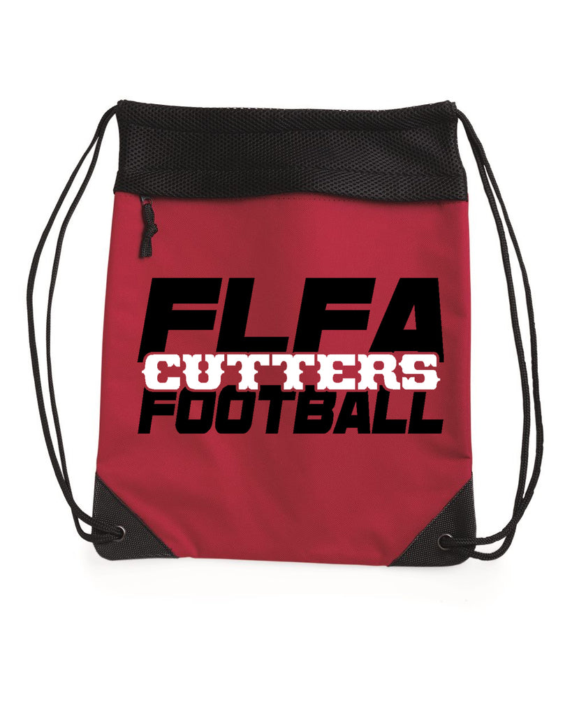 flfa cutters red coast to coast drawstring backpack - 2562 w/ flfa football over-under on front.
