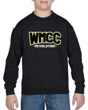 wmcc black crewneck sweatshirt w/ wmcc logo in 2 color print (non-glitter) on front.