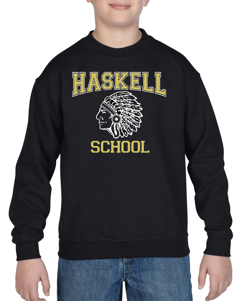 haskell school black heavy blend crewneck sweatshirt w/ haskell school "indian" logo on front.