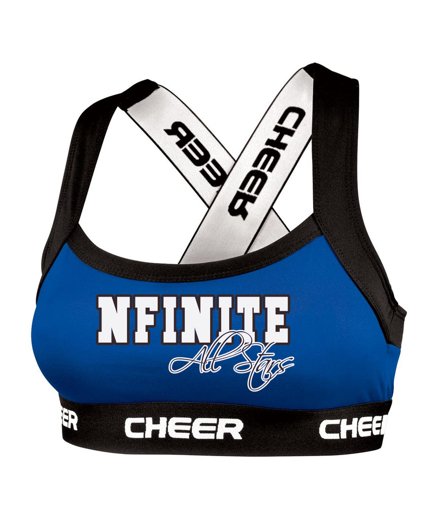nfinite oc chasse royal blue c-prime 2.0 sports bra w/ nfinite all stars logo on front.