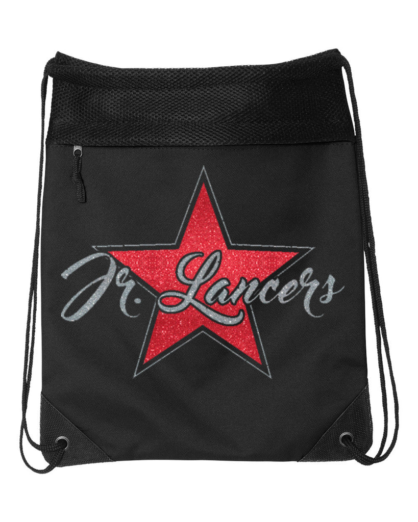 jr. lancers  black coast to coast drawstring backpack - 2562 w/ glitter star design on front.