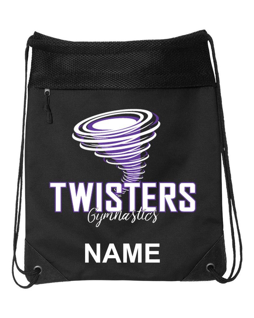 twisters gymnastics black coast to coast drawstring backpack - 2562 w/ f5 design on front.