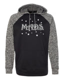 mads cosmic fleece hooded pullover sweatshirt w/ 2 color mads stars design on front.