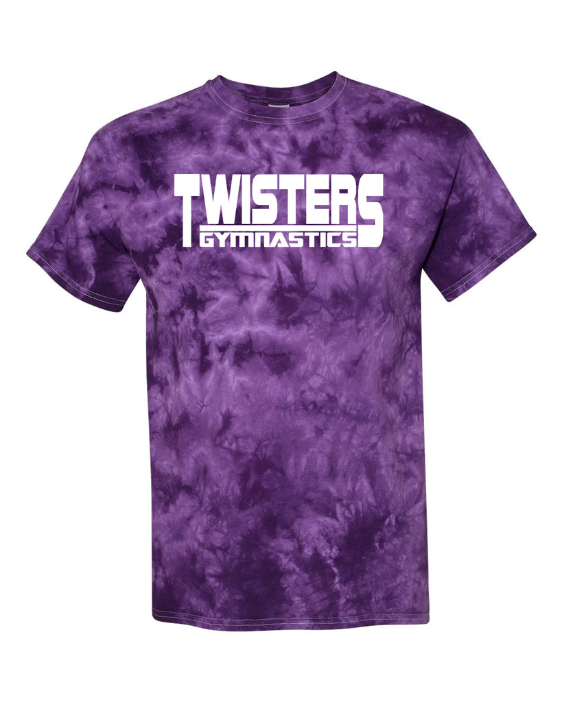 twisters gymnastics dyenomite - purple crystal tie dye t-shirt - 200cr w/ twisters beam design