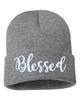 blessed script embroidered cuffed beanie hat