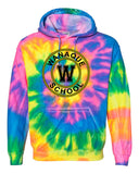 Wanaque School Dyenomite - Multi-Color Spiral Pullover Hooded Sweatshirt - 854MS w/ Wanaque School Circle 2 Design on Front