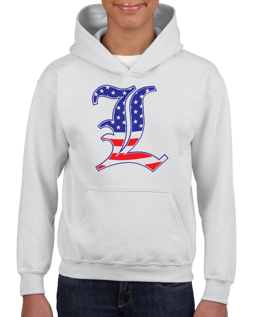 lakeland basketball whiteheavy blend shirt w/ american flag lancer "l" logo on front.