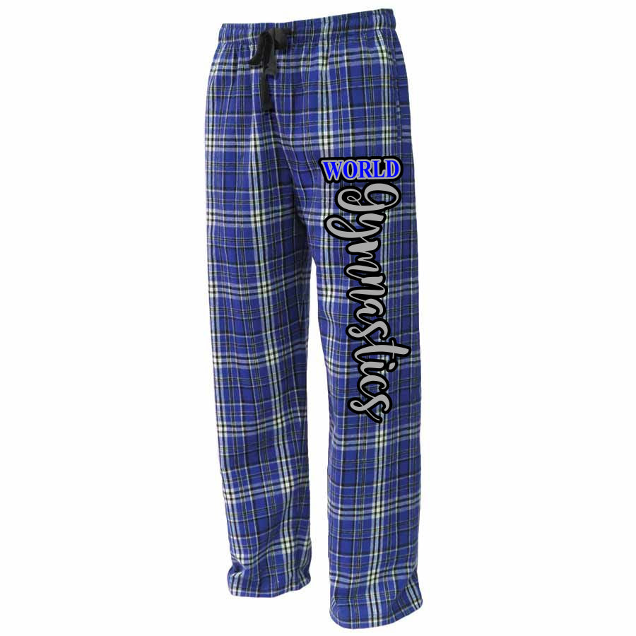 World Gymnastics PS Flannel Pants - Royal Blue w/ 3 Color Design down Leg.
