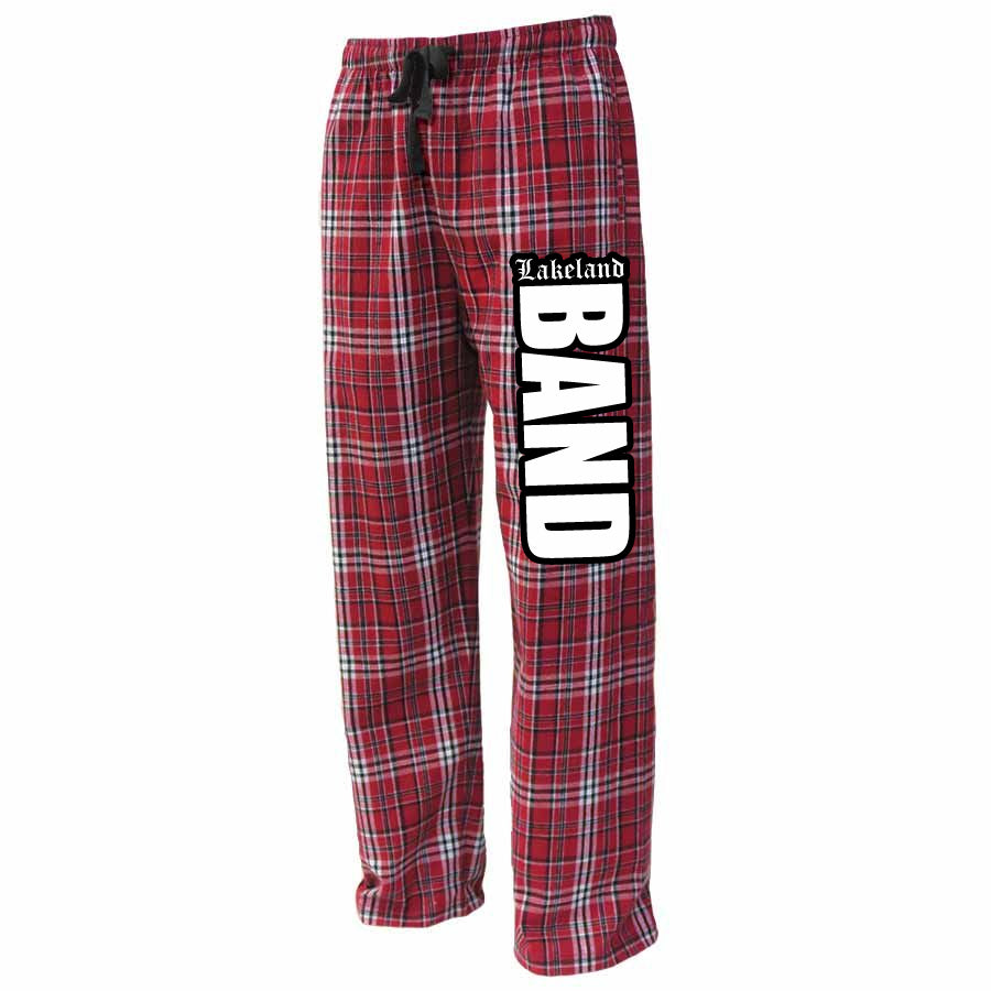 lakeland marching band ps flannel pants - red w/ 2 color lakeland band down leg.