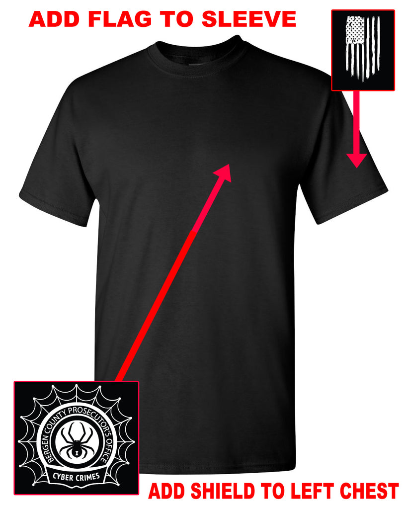 ccu black shirt w/ ccu spider logo in 2 color print on back & optional designs on front & arm