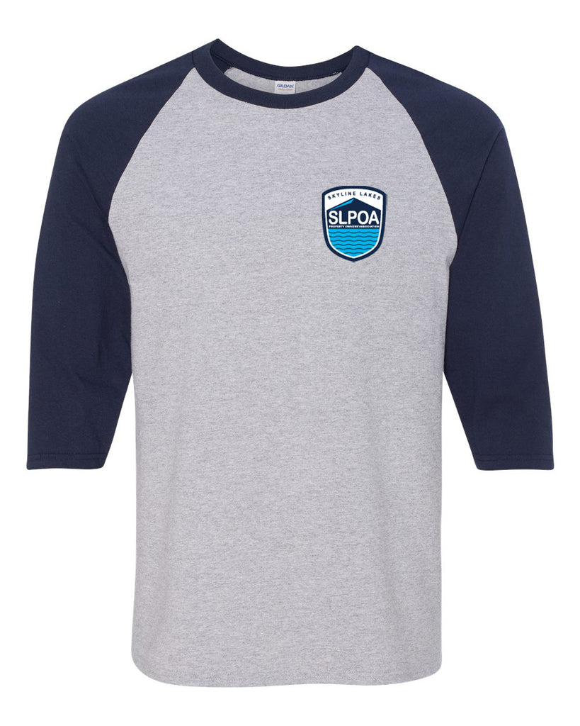 skyline lakes gray/navy heavy cotton™ raglan three-quarter sleeve t-shirt - 5700 w/ shield logo front & slpoa logo on back