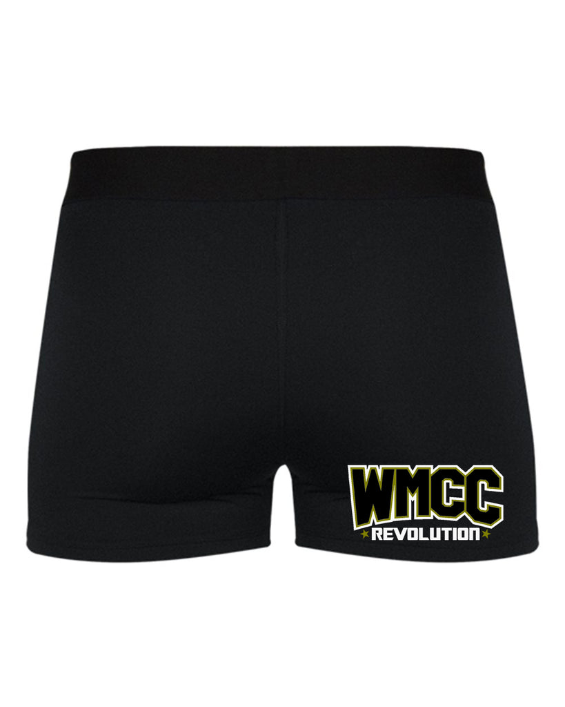 wmcc black pro-compression shorts - 2629 w/ gold & white print logo on front left leg.