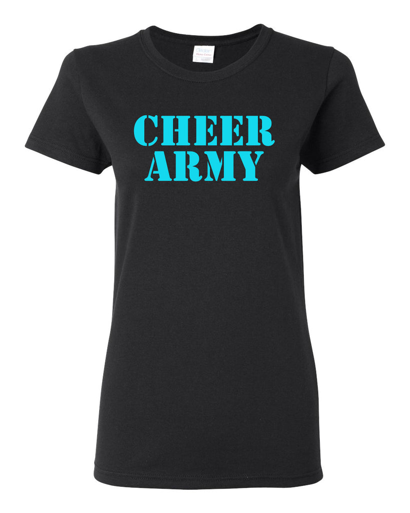 cheer army black short sleeve tee w/ columbia blue cheer army stencil logo on front.