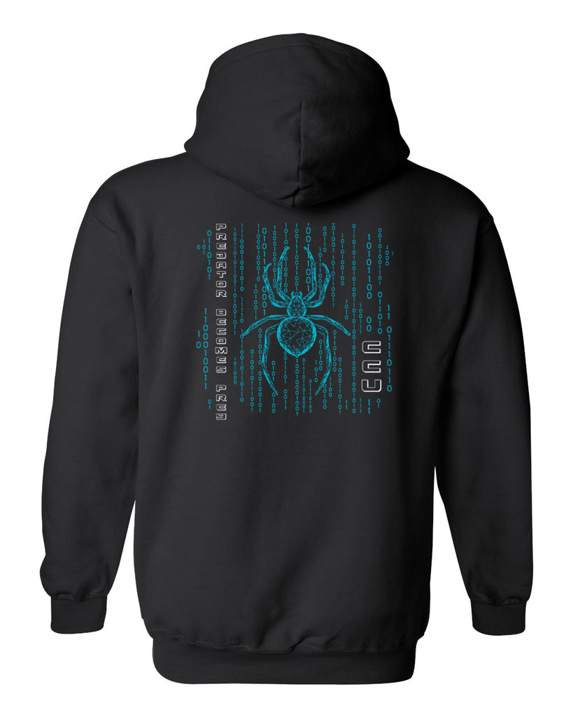 ccu black hoodie w/ ccu spider logo in 2 color print on back & optional designs on front & arm