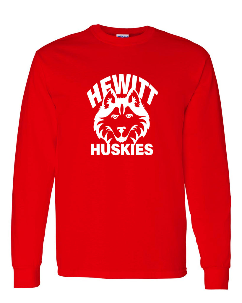hewitt huskies red long sleeve tee w/ logo design 1 on front