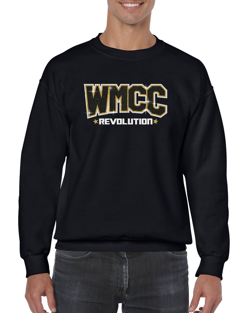wmcc black crewneck sweatshirt w/ wmcc logo in 3 color print (glitter) on front.
