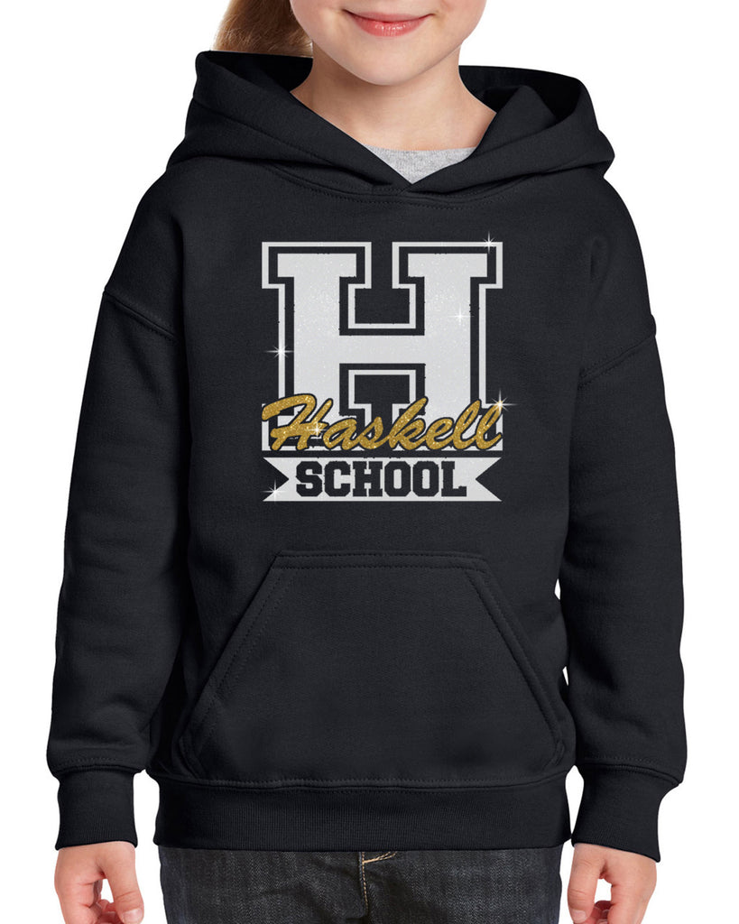 haskell school black heavy blend hoodie w/ haskell school "h" logo in glitter on front.