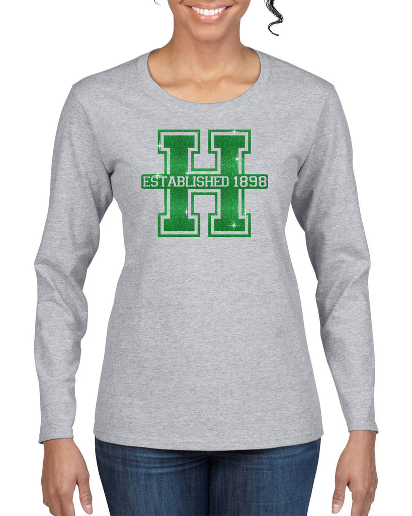 hopatcong long sleeve tee w/ large front logo in glitter.